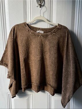 Zenana Outfitters Washed Brown Boxy Short Sleeve Top